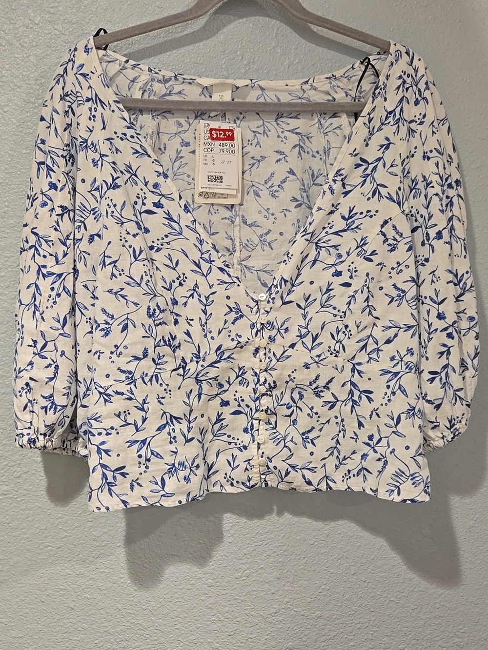 H&M White Blouse with Blue Floral Print and Button Front